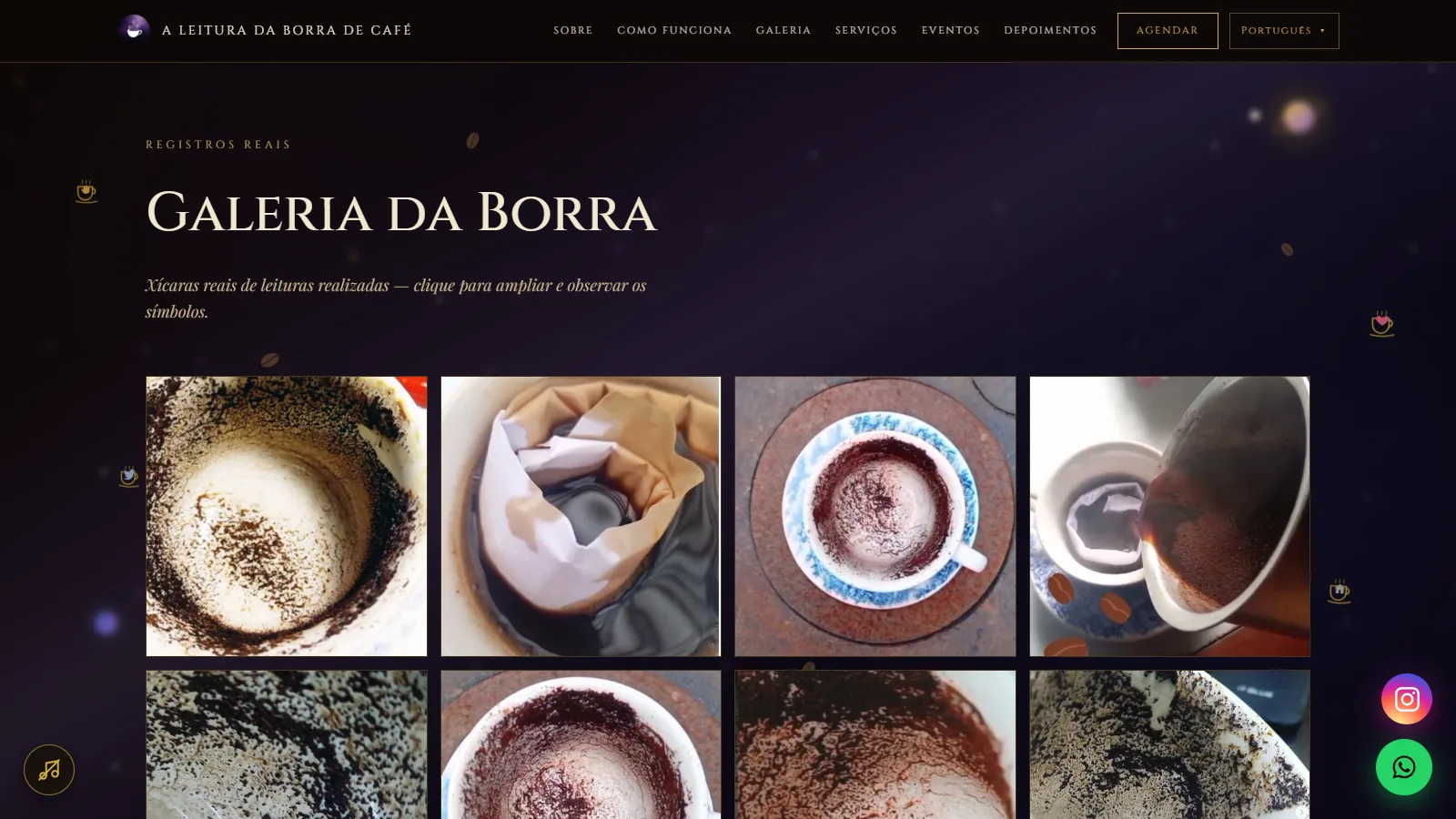 Seção de galeria do site A Leitura da Borra de Café em português
