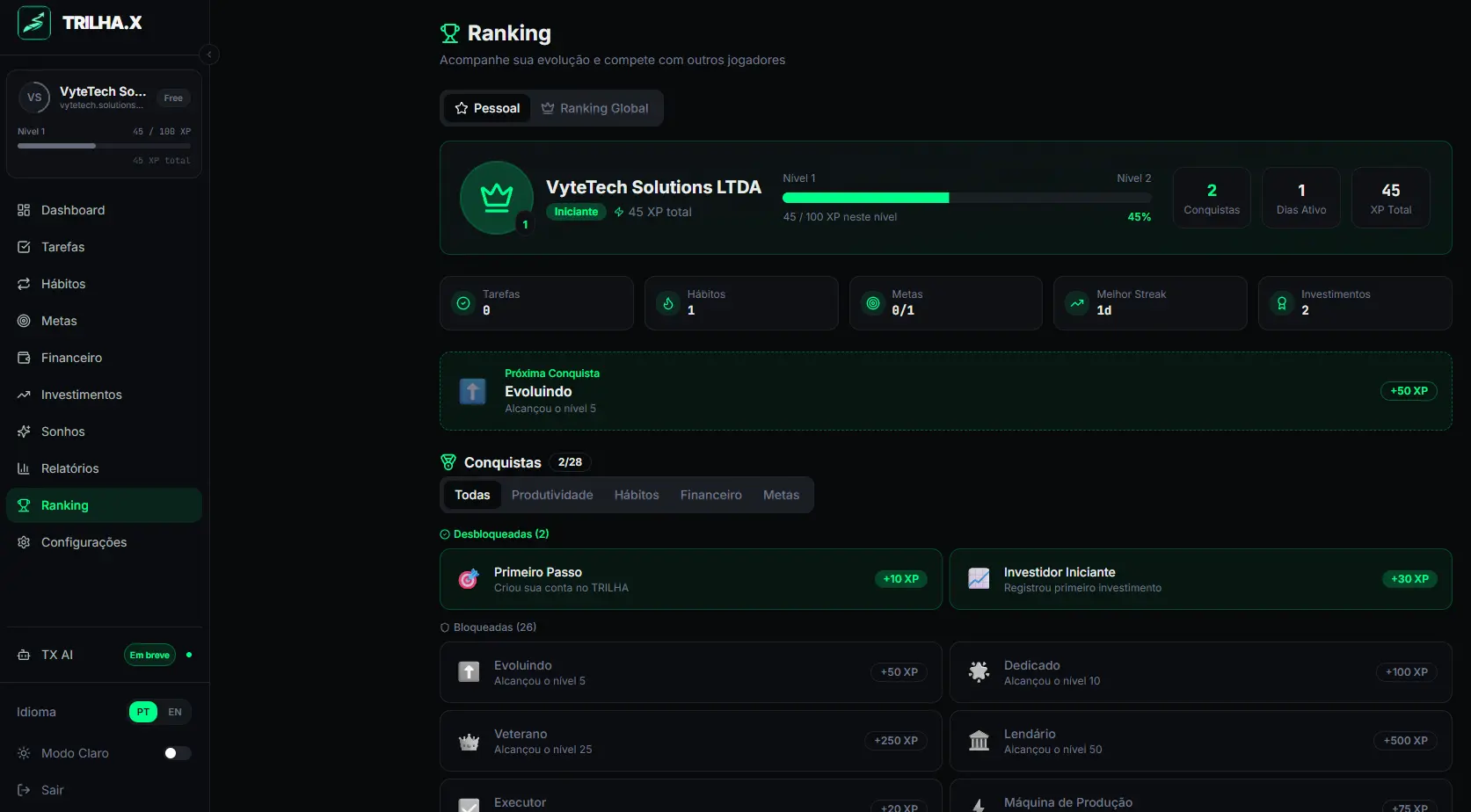 Ranking e conquistas da plataforma TRILHA.X